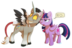 Size: 1188x807 | Tagged: safe, artist:c-puff, discord, twilight sparkle, alicorn, pony, g4, chaos, cute, discute, duo, duo male and female, female, grin, male, mare, no, ponified, pony discord, signature, simple background, smiling, stallion, transparent background, twilight sparkle (alicorn), twilight sparkle is not amused, unamused