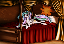 Size: 1600x1100 | Tagged: safe, artist:nalesia, princess celestia, g4, bed, bedroom eyes, female, looking at you, missing accessory, prone, smiling, solo
