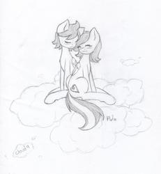 Size: 2434x2632 | Tagged: safe, artist:pluto manson, oc, oc only, pegasus, pony, black and white, cloud nine, couple, cute, female, grayscale, in love, love, male, monochrome, shading, sketch, straight, traditional art