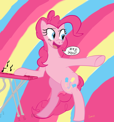 Size: 1200x1274 | Tagged: safe, artist:sono, pinkie pie, pony, g4, bipedal, female, keyboard, musical instrument, pointing, solo