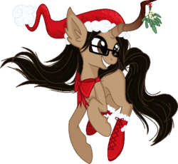 Size: 530x488 | Tagged: dead source, safe, artist:toasterific, oc, oc only, oc:caye, curved horn, glasses, hat, horn, mistletoe, santa hat, smiling, solo