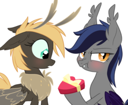 Size: 1154x947 | Tagged: safe, artist:equestria-prevails, oc, oc only, oc:echo, bat pony, mothpony, original species, pony, /mlp/, :t, blushing, cute, fangs, female, floppy ears, fluffy, frown, hoof hold, interspecies, lesbian, moth pony general, nose wrinkle, open mouth, scrunchy face, simple background, surprised, transparent background, tsundere