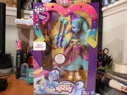 Size: 3648x2736 | Tagged: safe, trixie, equestria girls, g4, my little pony equestria girls: rainbow rocks, adventure time, alternative cutie mark placement, bmo, box art, doll, facial cutie mark, irl, male, photo, ponied up, toy