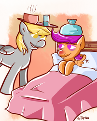Size: 804x1000 | Tagged: safe, artist:php52, derpy hooves, scootaloo, pegasus, pony, g4, bed, blanket, bowl, cup, drink, duo, female, ice pack, mare, pillow, red nosed, sick, soup, water
