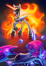 Size: 1200x1724 | Tagged: safe, artist:underpable, daybreaker, nightmare star, princess celestia, princess luna, alicorn, pony, g4, duo, female, glowing, glowing horn, hoof shoes, horn, magic, magic aura, mane of fire, mare, peytral, raised hoof, role reversal, royal sisters, siblings, sisters, telekinesis