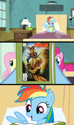 Size: 1280x2173 | Tagged: safe, rainbow dash, dinosaur, g4, book, comic, comics, game, hunter, meme, reading rainbow, variant, video game