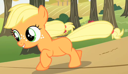 Size: 508x295 | Tagged: safe, screencap, applejack, earth pony, pony, g4, the cutie mark chronicles, cute, female, filly, foal, jackabetes, outfit catalog, running, smiling, solo, tree, younger