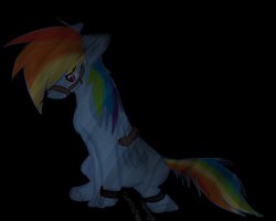 Size: 999x799 | Tagged: safe, artist:achlys-freak, rainbow dash, g4, black background, bondage, bound wings, bridle, chains, female, floppy ears, gag, muzzle gag, prisoner, sad, shackles, simple background, sitting, solo