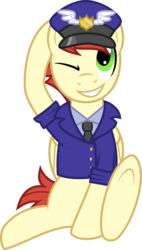 Size: 1090x1920 | Tagged: dead source, safe, artist:toughbluff, care package, special delivery, pegasus, pony, g4, clothes, hat, mailpony, male, necktie, shirt, simple background, sitting, smiling, solo, stallion, transparent background, underhoof, uniform, vector, wink