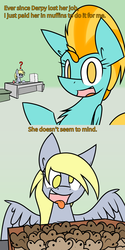 Size: 1280x2559 | Tagged: safe, artist:askincompetentlightningdust, artist:ralek, derpy hooves, lightning dust, pegasus, pony, g4, desk, dialogue, female, mare, muffin, paper, question mark, tongue out, tumblr