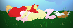 Size: 1995x780 | Tagged: safe, artist:xxxdeadlypinkxxx, angel bunny, big macintosh, fluttershy, earth pony, pony, g4, male, ship:fluttermac, shipping, sleeping, stallion, straight