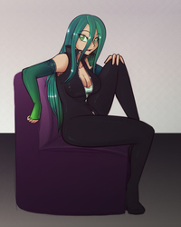 Size: 820x1024 | Tagged: safe, artist:scorpdk, queen chrysalis, human, g4, arm warmers, bodysuit, breasts, busty queen chrysalis, chair, cleavage, female, hand on knee, humanized, light skin, looking at you, open mouth, sitting, solo, zipper