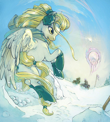 Size: 1000x1115 | Tagged: safe, artist:chio-kami, oc, oc only, oc:winged blade, pegasus, pony, clothes, day, earmuffs, female, magic, mare, pegasus oc, snow, snowball, socks, winter