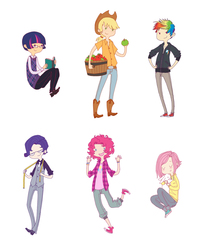 Size: 980x1200 | Tagged: artist needed, source needed, safe, applejack, fluttershy, pinkie pie, rainbow dash, rarity, twilight sparkle, human, g4, adventure time, apple, applejack (male), basket, book, clothes, converse, glasses, hoodie, humanized, light skin, male, mane six, measuring tape, rule 63, shoes, vest