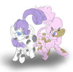 Size: 1280x1266 | Tagged: safe, artist:wizardski, pinkie pie, rarity, cow, g4, butt bump, butt to butt, butt touch, cowified, female, pincow pie, raricow, species swap, tongue out, udder