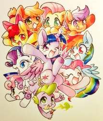 Size: 783x914 | Tagged: safe, artist:shitamachimura, apple bloom, applejack, fluttershy, pinkie pie, rainbow dash, rarity, scootaloo, spike, sweetie belle, twilight sparkle, alicorn, dragon, earth pony, pegasus, pony, unicorn, g4, action poster, adorabloom, apple sisters, belle sisters, cute, cute six, cutealoo, cutie mark crusaders, dashabetes, diapinkes, diasweetes, eyes closed, female, filly, foal, jackabetes, looking at you, mane seven, mane six, mare, one eye closed, open mouth, open smile, pixiv, raribetes, shyabetes, siblings, sisters, smiling, smiling at you, spikabetes, traditional art, twiabetes, twilight sparkle (alicorn), wink