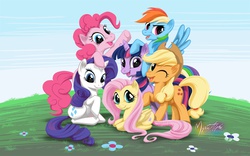 Size: 1680x1050 | Tagged: safe, artist:mysticalpha, applejack, fluttershy, pinkie pie, rainbow dash, rarity, twilight sparkle, pony, g4, female, mane six, mane six opening poses, mare, scene interpretation, wallpaper