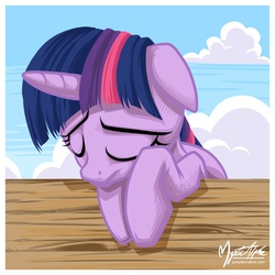 Size: 1000x1000 | Tagged: safe, artist:mysticalpha, twilight sparkle, g4, eyes closed, female, floppy ears, leaning, sad, solo