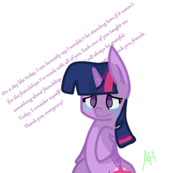 Size: 512x512 | Tagged: artist needed, safe, twilight sparkle, g4, crying, female, raised hoof, sitting, smiling, solo, text, twilight sparkle (alicorn)