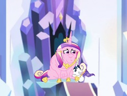 Size: 1018x768 | Tagged: safe, artist:hakar-kerarmor, bulk biceps, princess cadance, shining armor, g4, grin, lowres, muscles, princess ca-dense, sitting, smiling, squashed