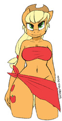 Size: 985x1920 | Tagged: safe, artist:kilo, applejack, earth pony, anthro, g4, bandeau, belly button, breasts, busty applejack, clothes, female, midriff, sarong, simple background, solo