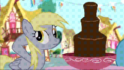 Size: 459x261 | Tagged: safe, screencap, applejack, boneless, carrot cake, cheese sandwich, cup cake, derpy hooves, lemon hearts, rarity, earth pony, pegasus, pony, unicorn, g4, pinkie pride, animated, chocolate, chocolate fountain, cute, derpabetes, drinking, eyes closed, female, male, mare, smiling, spread wings, stallion