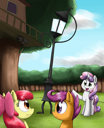 Size: 2353x2903 | Tagged: safe, artist:otakuap, apple bloom, scootaloo, sweetie belle, the lone lampman, oc, oc:fluffy the bringer of darkness, earth pony, giant moth, moth, pegasus, pony, unicorn, g4, three's a crowd, confused, cutie mark crusaders, eye contact, female, filly, frown, lamp, open mouth, pointing, smiling, streetlight