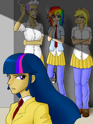 Size: 782x1032 | Tagged: safe, artist:asdf314159265, applejack, gilda, rainbow dash, twilight sparkle, human, g4, clothes, humanized, light skin, moderate dark skin, necktie, school uniform, smoking