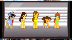 Size: 1920x1080 | Tagged: safe, cheese sandwich, chili cheese, dragnet shield, grilled sandwich, jack hammer, toast hawaii, g4, pinkie pride, cheese curls, cuffs, police lineup, ponified, size comparison, weird al yankovic