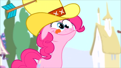 Size: 854x480 | Tagged: safe, pinkie pie, g4, pinkie pride, :p, faic, female, floppy ears, hat, silly face, smiling, solo, tongue out