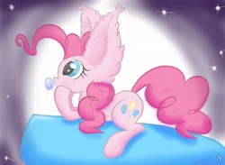Size: 3503x2560 | Tagged: safe, artist:heir-of-rick, pinkie pie, g4, big ears, bubble, cute, ear fluff, female, fluffy, high res, impossibly large ears, partillery, party cannon, prone, solo, stars