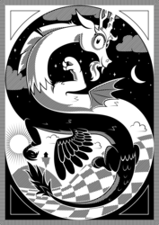 Size: 1400x1981 | Tagged: safe, artist:dahtamnay, discord, draconequus, g4, black and white, day, duality, escheresque, featured image, floating, flying, grayscale, impossible object, looking at you, m. c. escher, male, modern art, monochrome, night, non-euclidean, optical illusion, smiling, solo, style emulation, surreal, yin-yang