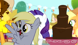 Size: 460x267 | Tagged: safe, screencap, applejack, cheese sandwich, derpy hooves, rarity, pegasus, pony, g4, pinkie pride, chocolate fountain, female, mare