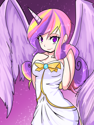 Size: 2250x3000 | Tagged: safe, artist:acharmingpony, princess cadance, human, g4, clothes, female, horn, horned humanization, humanized, solo, spread wings, strapless, tailed humanization, winged humanization