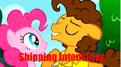 Size: 356x200 | Tagged: safe, edit, edited screencap, screencap, cheese sandwich, pinkie pie, earth pony, pony, g4, pinkie pride, animated, animation error, caption, descriptive noise, duo, female, image macro, male, mare, meme, ponies standing next to each other, ship:cheesepie, shipping, shipping fuel, stallion, straight, text, x intensifies