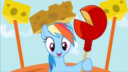 Size: 638x359 | Tagged: safe, screencap, rainbow dash, pony, g4, pinkie pride, cheese, cheese hat, cheese scepter, cheesehead, female, hat, solo