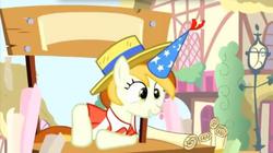 Size: 1018x570 | Tagged: safe, screencap, peachy pitt, g4, pinkie pride, boater, hat, party hat, solo