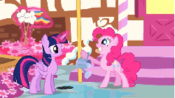 Size: 576x324 | Tagged: safe, screencap, pinkie pie, twilight sparkle, alicorn, earth pony, pony, g4, pinkie pride, animated, female, flag, grin, magic, mare, raised hoof, smiling, twilight sparkle (alicorn), walking, water, watering can