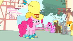Size: 576x324 | Tagged: safe, screencap, berry punch, berryshine, carrot top, cheese sandwich, cherry berry, compass star, cosmic (g4), cotton cloudy, golden harvest, pinkie pie, star hunter, time flies, twilight sky, earth pony, mouse, pegasus, pony, g4, pinkie pride, :p, :t, animated, arrow, arrow through hat, eyes closed, faic, female, floppy ears, frown, gif, glare, hat, male, mare, musical instrument, raised eyebrow, reverse vore, silly face, smiling, stallion, tongue out, tuba, vore
