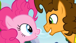Size: 1350x764 | Tagged: safe, screencap, cheese sandwich, pinkie pie, earth pony, pony, g4, pinkie pride, female, grin, looking at each other, looking at someone, male, mare, smiling, smiling at each other, stallion