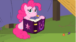 Size: 576x324 | Tagged: safe, screencap, pinkie pie, pony, g4, pinkie pride, season 4, animated, case, female, journal, mouth hold, pencil, solo
