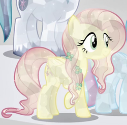 Size: 394x386 | Tagged: safe, screencap, fluttershy, rainbow dash, shining armor, crystal pony, pegasus, pony, g4, the crystal empire, alternate hairstyle, cropped, crystal fluttershy, crystallized, female, flower, flower in hair, mare, outfit catalog, solo focus