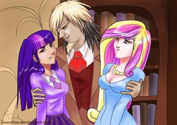 Size: 1062x751 | Tagged: safe, artist:yusutina, discord, princess cadance, twilight sparkle, human, g4, annoyed, cleavage, clothes, dress, fangs, female, frown, hug, humanized, moderate dark skin, necktie, scene interpretation, school uniform, schoolgirl, skirt, smiling, sweater, trio