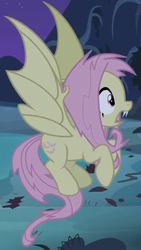 Size: 516x913 | Tagged: safe, screencap, fluttershy, bat pony, pony, bats!, g4, cropped, female, flutterbat, flying, mare, race swap, solo