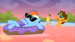 Size: 854x479 | Tagged: safe, boneless, cheese sandwich, rainbow dash, g4, pinkie pride, incorrect leg anatomy, inner tube, punch bowl, sunglasses