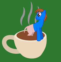 Size: 600x611 | Tagged: safe, artist:repentantanon, oc, oc only, oc:sunnyside, pony, coffee, cup of pony, frown, hairless, looking back, micro, simple background, solo, wide eyes