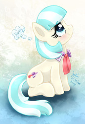 Size: 900x1310 | Tagged: safe, artist:joakaha, coco pommel, earth pony, pony, g4, blushing, daydream, female, implied rarity, lesbian, ship:marshmallow coco, shipping, sitting, smiling, solo, thought bubble