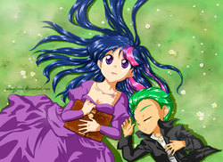 Size: 1417x1030 | Tagged: safe, artist:nancysauria, spike, twilight sparkle, human, g4, clothes, dress, humanized