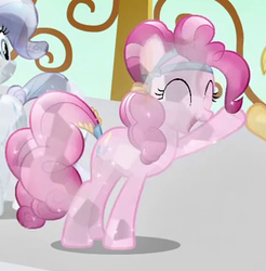 Size: 313x318 | Tagged: safe, screencap, pinkie pie, rarity, earth pony, pony, g4, the crystal empire, cropped, crystal pinkie pie, crystallized, eyes closed, happy, outfit catalog, solo focus, waving