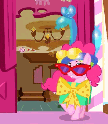 Size: 342x392 | Tagged: safe, screencap, pinkie pie, earth pony, pony, g4, pinkie pride, season 4, animated, balloon, bow, female, gif, glasses, loop, mare, present, solo